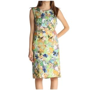 Lands' End Blue Green Yellow Floral Ponte Keyhole Stretch Sheath Dress Sz‎ 6P
